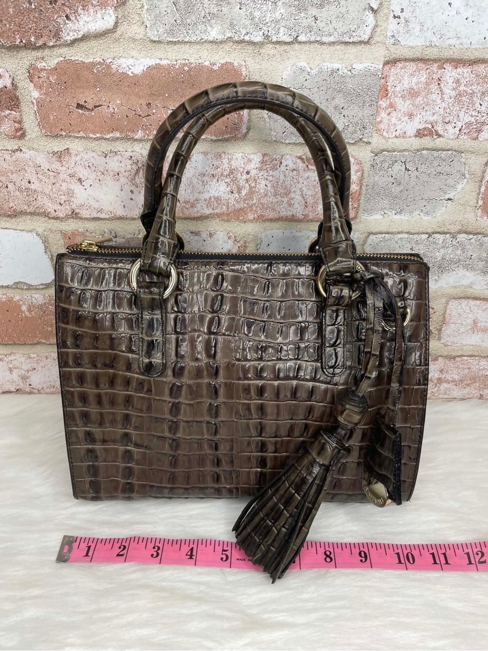 Brahmin Brown Croc-Embossed Leather Tote Bag with Tassel Charm - Picture 9 of 14